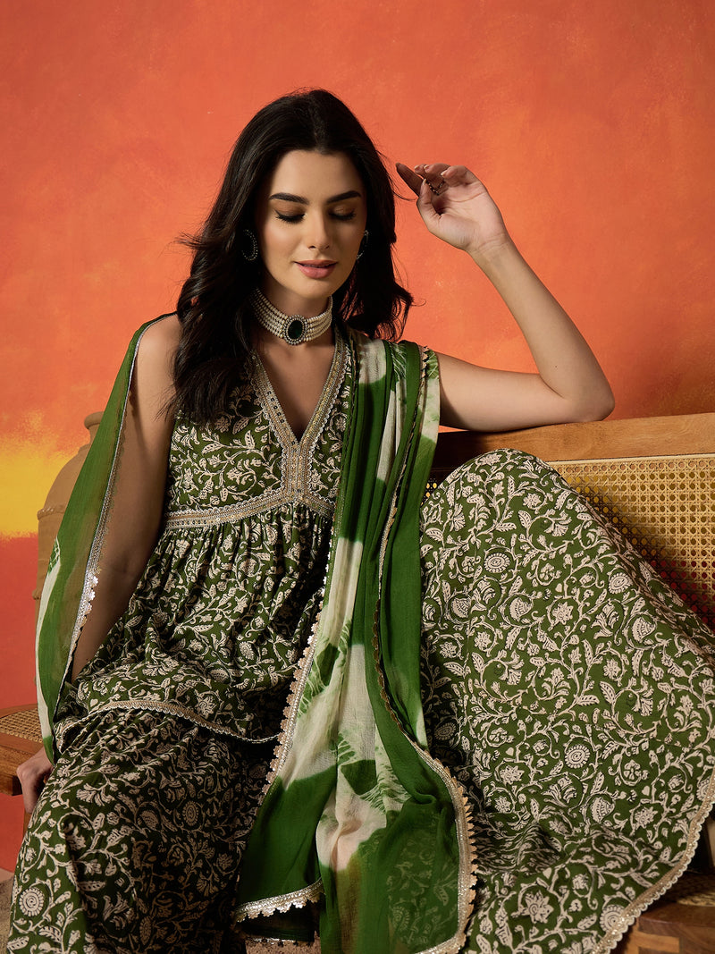 Stylum Women's Green Floral Printed Pure Cotton A-Line Short Kurti Sharara Dupatta Set (KSDGREENAMBUSH)