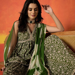 Stylum Women's Green Floral Printed Pure Cotton A-Line Short Kurti Sharara Dupatta Set (KSDGREENAMBUSH)