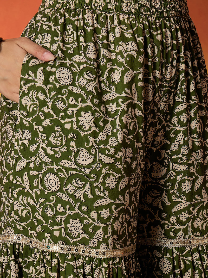 Stylum Women's Green Floral Printed Pure Cotton A-Line Short Kurti Sharara Dupatta Set (KSDGREENAMBUSH)