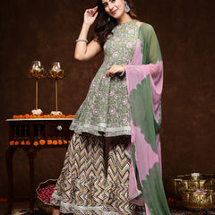 Stylum Women's Green Floral Printed Katha Cotton Flared Kurta Sharara Dupatta Set (KSDGREENAMOK)