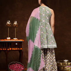 Stylum Women's Green Floral Printed Katha Cotton Flared Kurta Sharara Dupatta Set (KSDGREENAMOK)