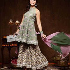 Stylum Women's Green Floral Printed Katha Cotton Flared Kurta Sharara Dupatta Set (KSDGREENAMOK)