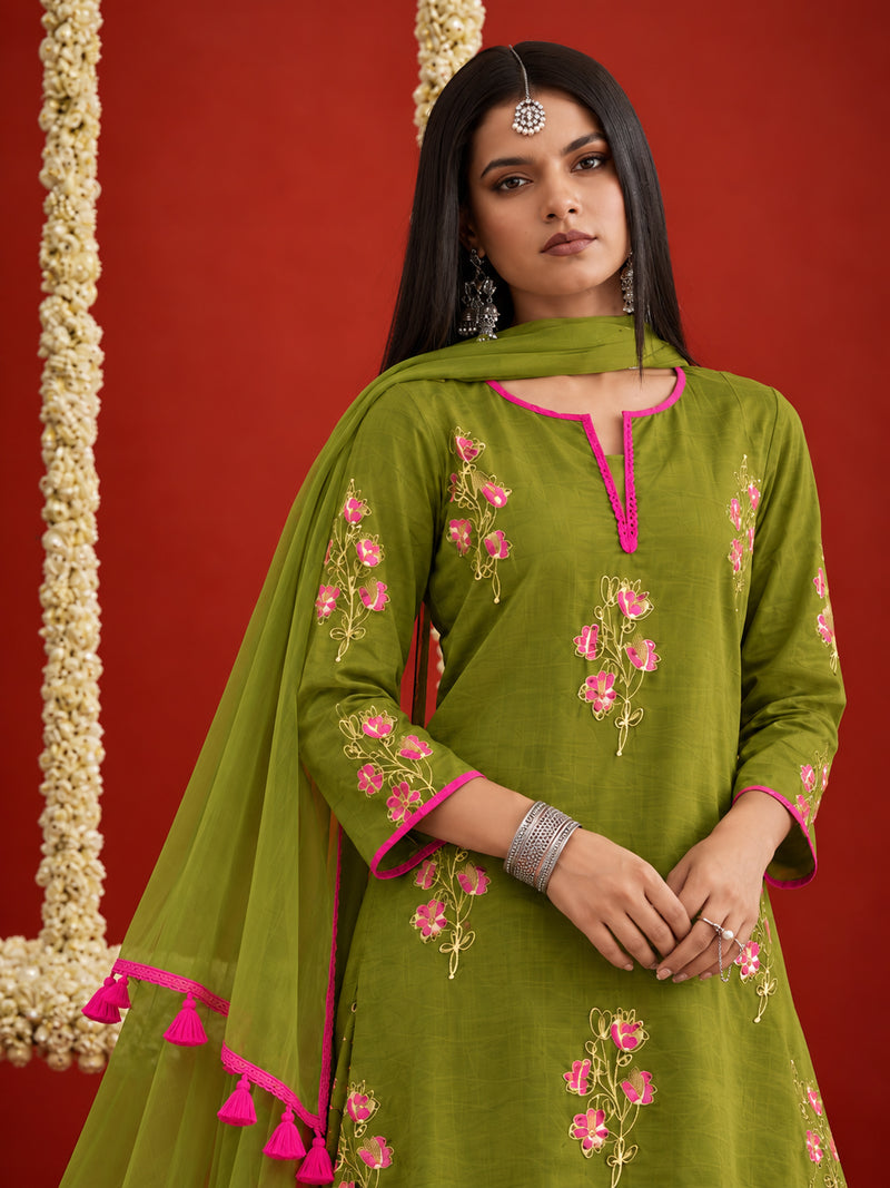 Stylum Women's Green Floral Printed Cotton Straight Short Kurti Farshi Salwar With Dupatta Set (KSDGREENANDHERI)