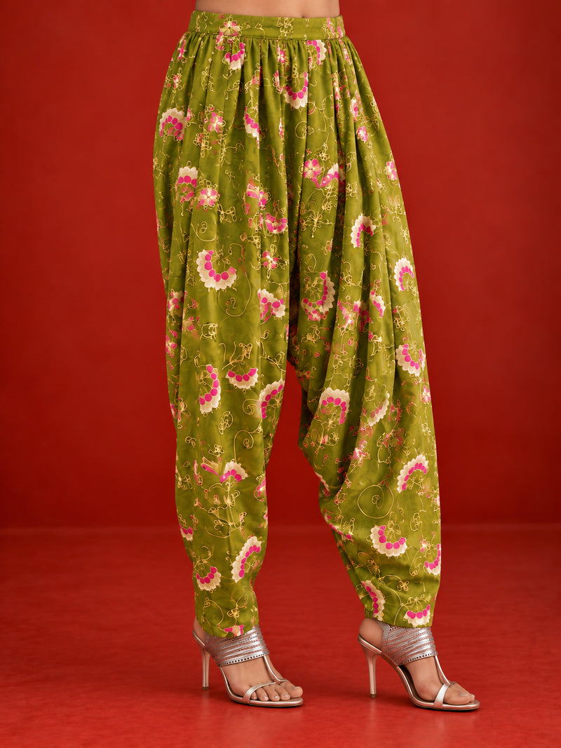 Stylum Women's Green Floral Printed Cotton Straight Short Kurti Farshi Salwar With Dupatta Set (KSDGREENANDHERI)