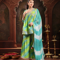 Stylum Women's Green Leheriya Printed & Embroidered Cotton A-Line Short Kurti Sharara Dupatta Set (KSDGREENJAMUNA)
