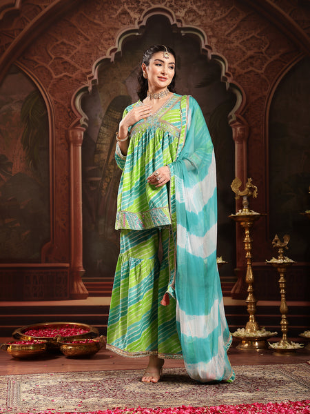 Stylum Women's Green Leheriya Printed & Embroidered Cotton A-Line Short Kurti Sharara Dupatta Set (KSDGREENJAMUNA)