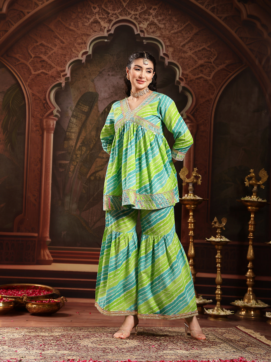 Stylum Women's Green Leheriya Printed & Embroidered Cotton A-Line Short Kurti Sharara Dupatta Set (KSDGREENJAMUNA)