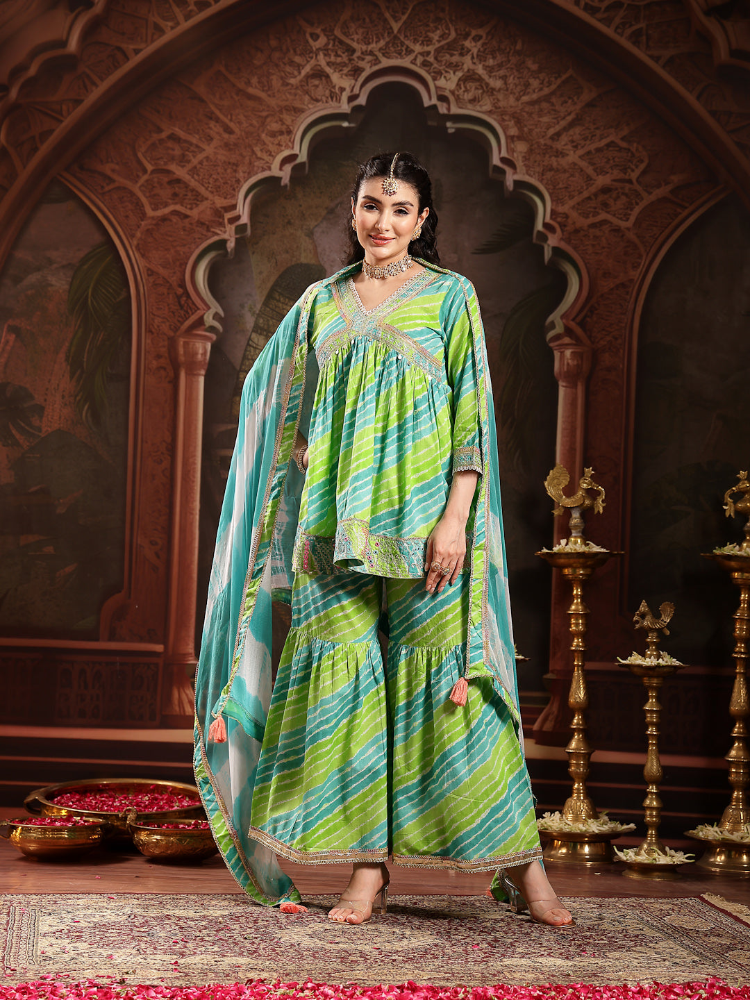 Stylum Women's Green Leheriya Printed & Embroidered Cotton A-Line Short Kurti Sharara Dupatta Set (KSDGREENJAMUNA)