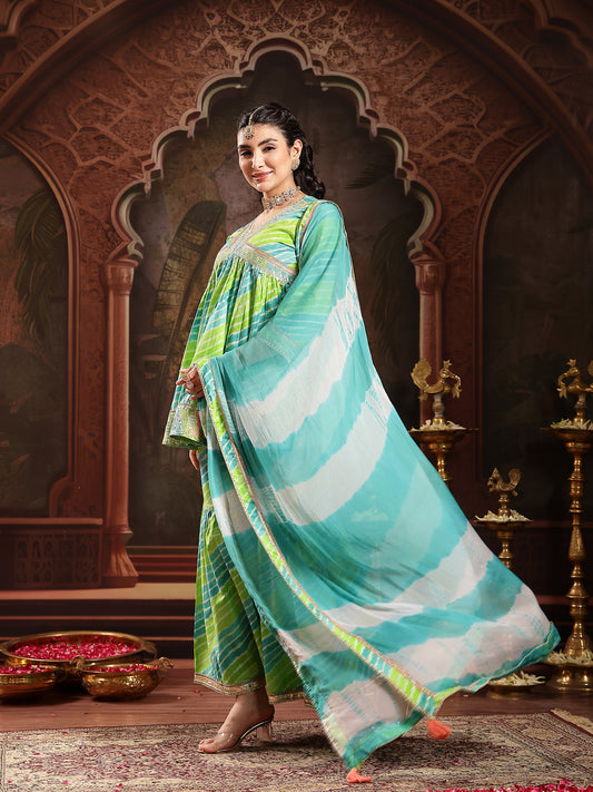 Stylum Women's Green Leheriya Printed & Embroidered Cotton A-Line Short Kurti Sharara Dupatta Set (KSDGREENJAMUNA)