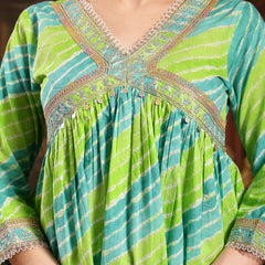 Stylum Women's Green Leheriya Printed & Embroidered Cotton A-Line Short Kurti Sharara Dupatta Set (KSDGREENJAMUNA)