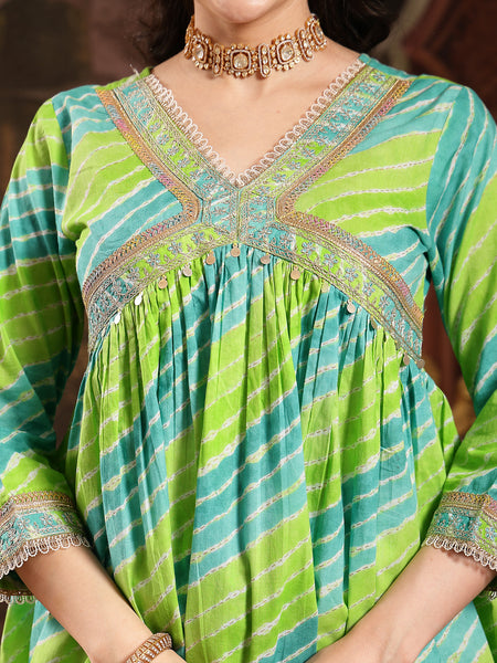 Stylum Women's Green Leheriya Printed & Embroidered Cotton A-Line Short Kurti Sharara Dupatta Set (KSDGREENJAMUNA)