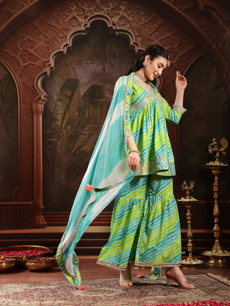 Stylum Women's Green Leheriya Printed & Embroidered Cotton A-Line Short Kurti Sharara Dupatta Set (KSDGREENJAMUNA)