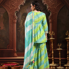 Stylum Women's Green Leheriya Printed & Embroidered Cotton A-Line Short Kurti Sharara Dupatta Set (KSDGREENJAMUNA)