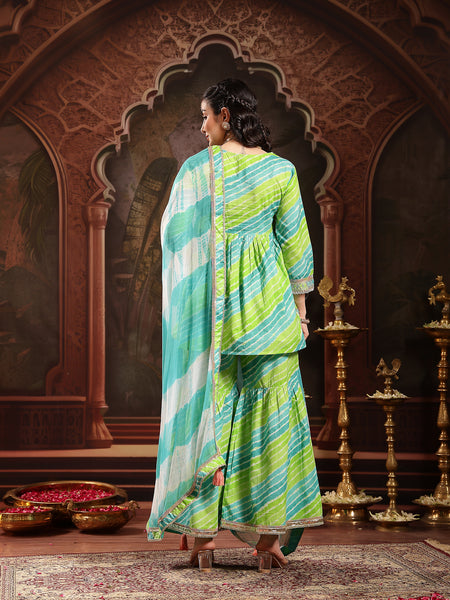 Stylum Women's Green Leheriya Printed & Embroidered Cotton A-Line Short Kurti Sharara Dupatta Set (KSDGREENJAMUNA)