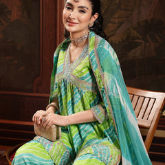 Stylum Women's Green Leheriya Printed & Embroidered Cotton A-Line Short Kurti Sharara Dupatta Set (KSDGREENJAMUNA)