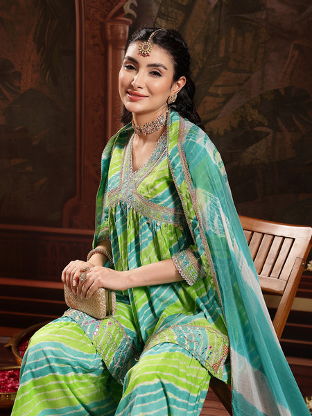 Stylum Women's Green Leheriya Printed & Embroidered Cotton A-Line Short Kurti Sharara Dupatta Set (KSDGREENJAMUNA)