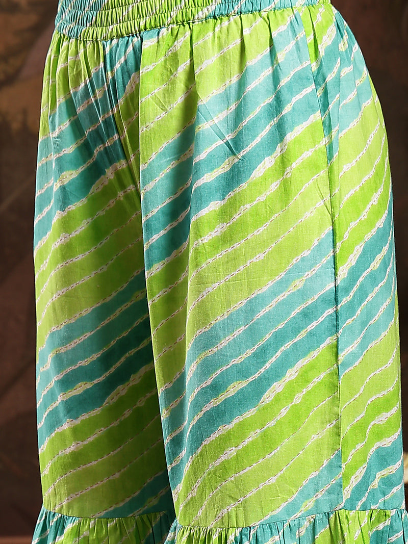 Stylum Women's Green Leheriya Printed & Embroidered Cotton A-Line Short Kurti Sharara Dupatta Set (KSDGREENJAMUNA)
