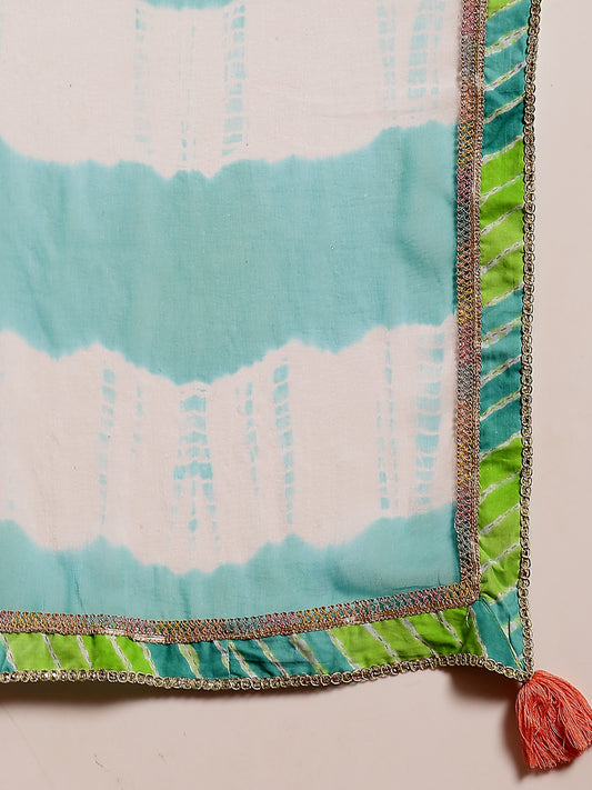 Stylum Women's Green Leheriya Printed & Embroidered Cotton A-Line Short Kurti Sharara Dupatta Set (KSDGREENJAMUNA)