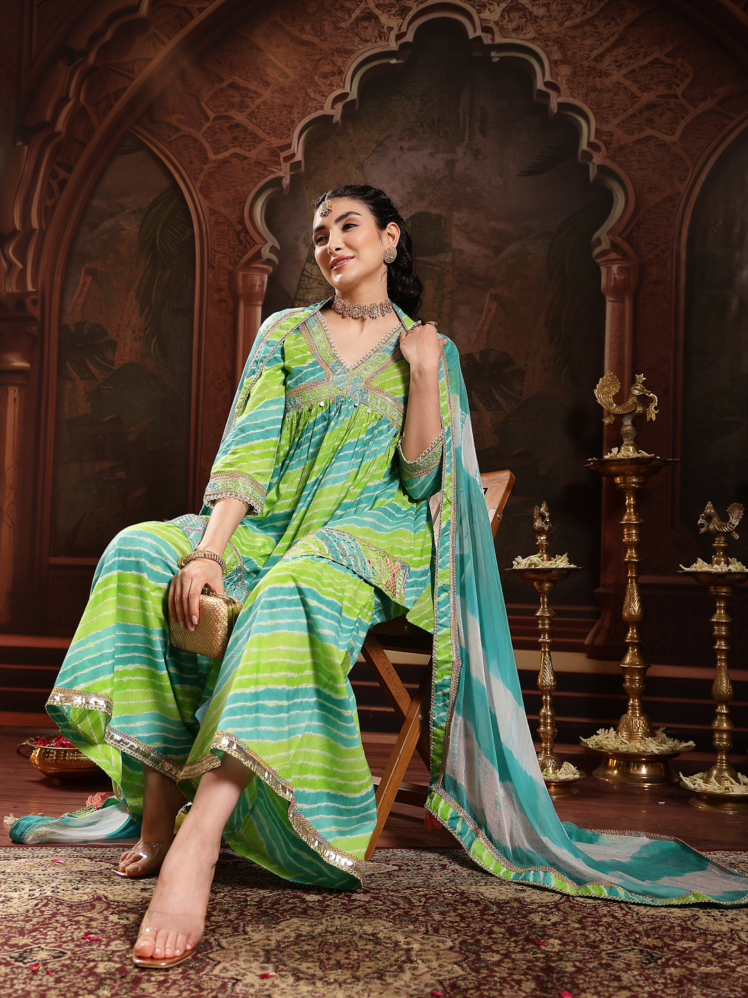 Stylum Women's Green Leheriya Printed & Embroidered Cotton A-Line Short Kurti Sharara Dupatta Set (KSDGREENJAMUNA)