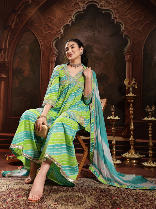 Stylum Women's Green Leheriya Printed & Embroidered Cotton A-Line Short Kurti Sharara Dupatta Set (KSDGREENJAMUNA)