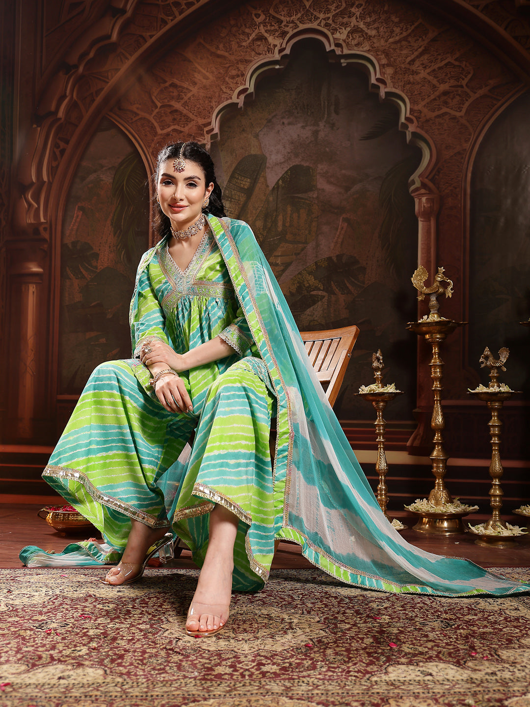 Stylum Women's Green Leheriya Printed & Embroidered Cotton A-Line Short Kurti Sharara Dupatta Set (KSDGREENJAMUNA)