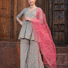 Stylum Women's Floral Printed Rayon Kurta Sharara Dupatta Set (KSDGREENMOGRA)