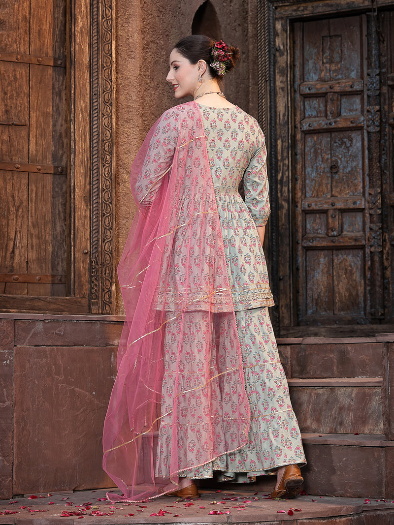 Stylum Women's Floral Printed Rayon Kurta Sharara Dupatta Set (KSDGREENMOGRA)