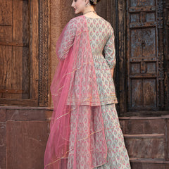 Stylum Women's Floral Printed Rayon Kurta Sharara Dupatta Set (KSDGREENMOGRA)