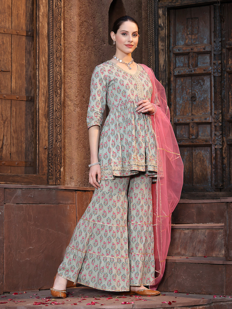 Stylum Women's Floral Printed Rayon Kurta Sharara Dupatta Set (KSDGREENMOGRA)