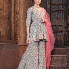 Stylum Women's Floral Printed Rayon Kurta Sharara Dupatta Set (KSDGREENMOGRA)