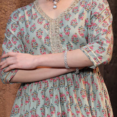 Stylum Women's Floral Printed Rayon Kurta Sharara Dupatta Set (KSDGREENMOGRA)