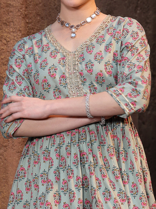 Stylum Women's Floral Printed Rayon Kurta Sharara Dupatta Set (KSDGREENMOGRA)