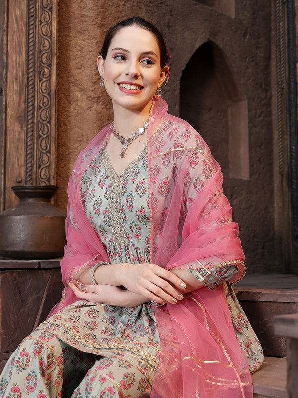 Stylum Women's Floral Printed Rayon Kurta Sharara Dupatta Set (KSDGREENMOGRA)