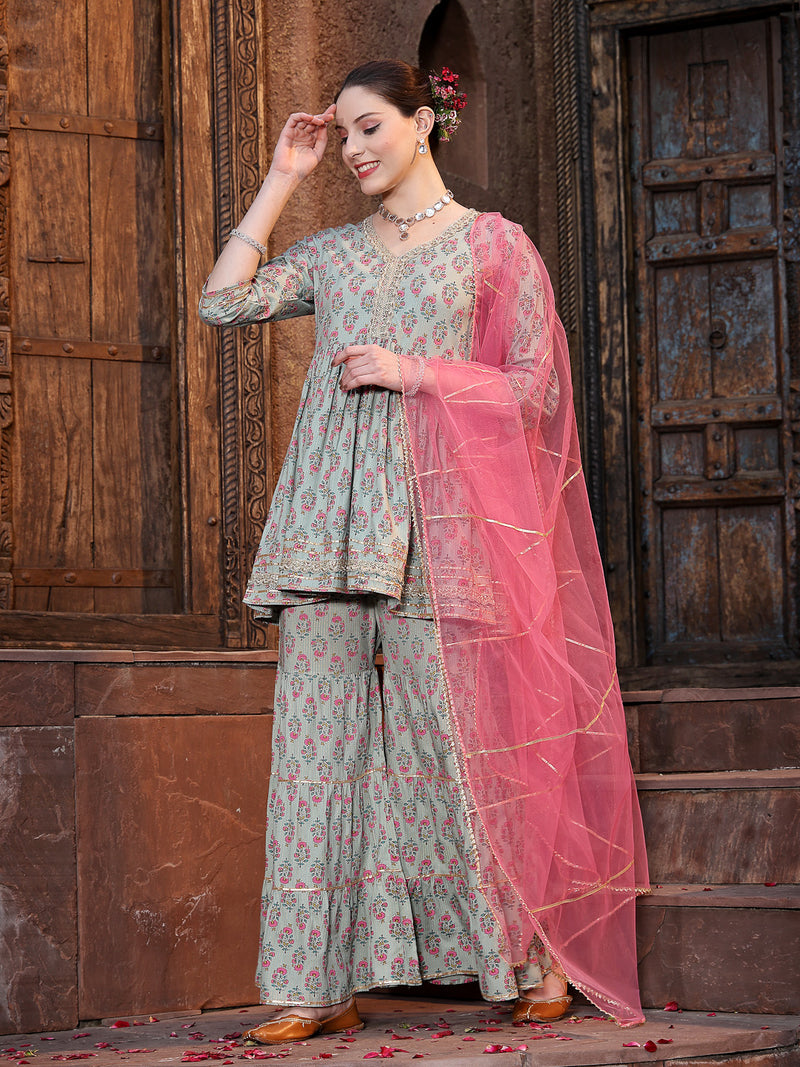 Stylum Women's Floral Printed Rayon Kurta Sharara Dupatta Set (KSDGREENMOGRA)