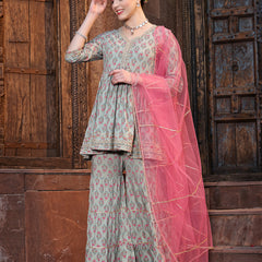 Stylum Women's Floral Printed Rayon Kurta Sharara Dupatta Set (KSDGREENMOGRA)