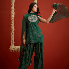 Stylum Women's Green Bandhej Printed & Embroidered Rayon Straight Short Kurti Farshi Salwar Dupatta Set (KSDGREENNYCIL)