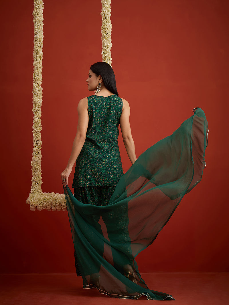 Stylum Women's Green Bandhej Printed & Embroidered Rayon Straight Short Kurti Farshi Salwar Dupatta Set (KSDGREENNYCIL)