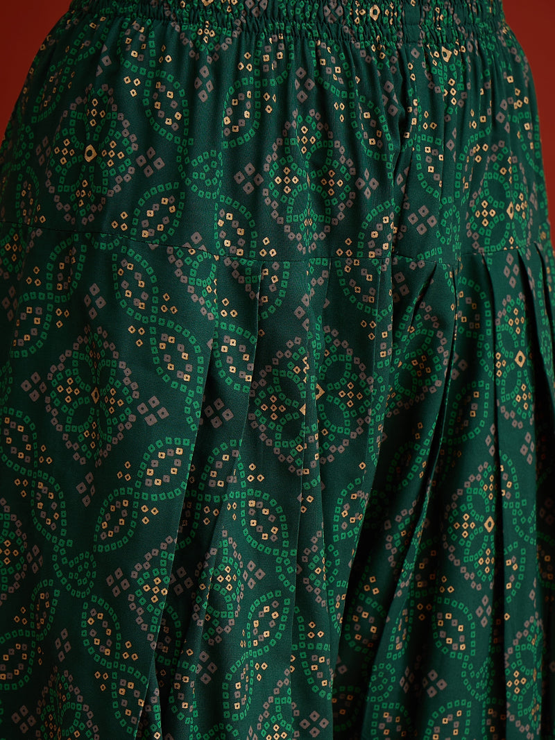 Stylum Women's Green Bandhej Printed & Embroidered Rayon Straight Short Kurti Farshi Salwar Dupatta Set (KSDGREENNYCIL)