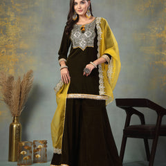 Stylum Women's Green Solid & Embroidered Velvet Straight Short Kurta Sharara Dupatta Set (KSDGREENRONAK)