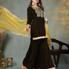 Stylum Women's Green Solid & Embroidered Velvet Straight Short Kurta Sharara Dupatta Set (KSDGREENRONAK)