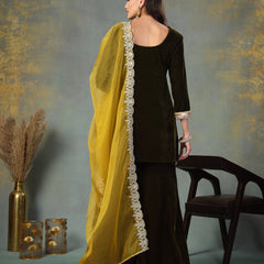 Stylum Women's Green Solid & Embroidered Velvet Straight Short Kurta Sharara Dupatta Set (KSDGREENRONAK)