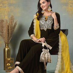 Stylum Women's Green Solid & Embroidered Velvet Straight Short Kurta Sharara Dupatta Set (KSDGREENRONAK)