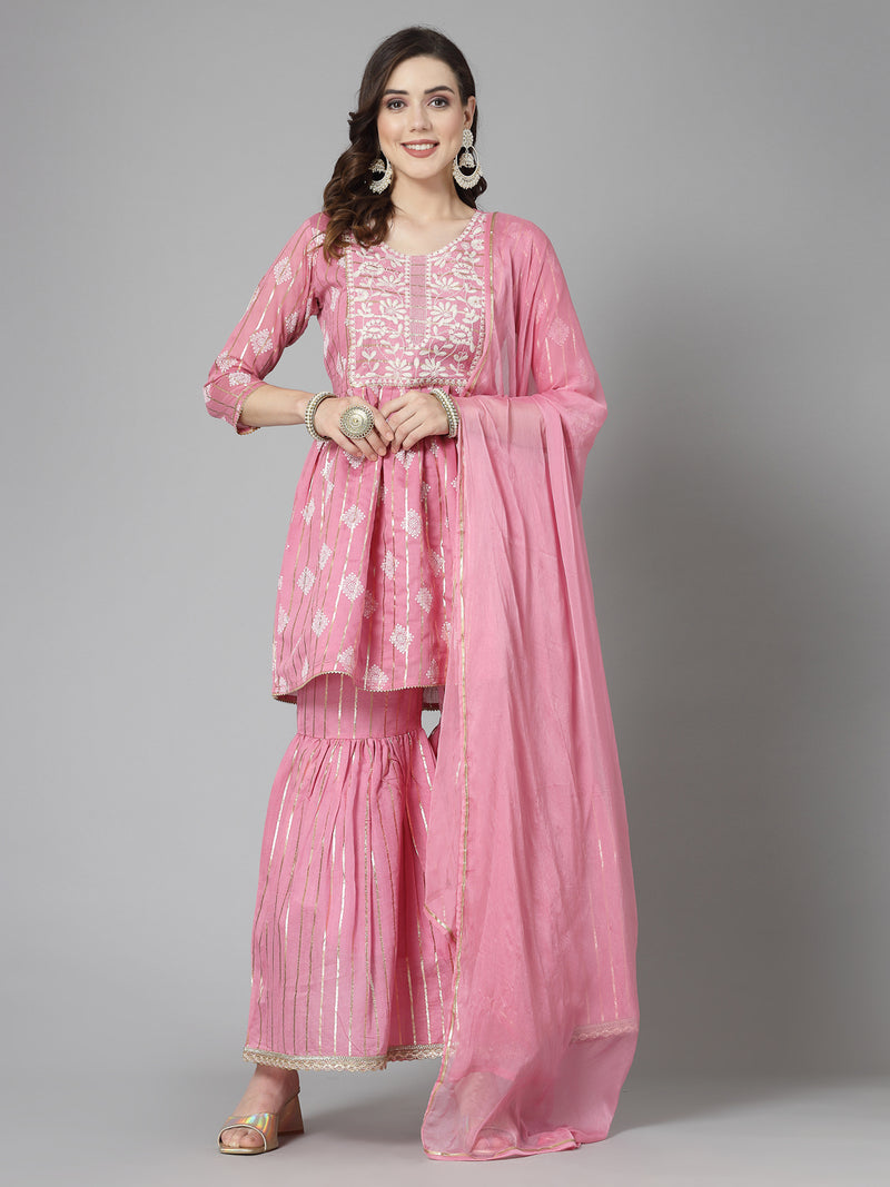 Stylum Women's Printed & Embroidered Chanderi Cotton Kurta Sharara Dupatta Set (KSDKASATAPINK)