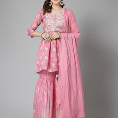 Stylum Women's Printed & Embroidered Chanderi Cotton Kurta Sharara Dupatta Set (KSDKASATAPINK)
