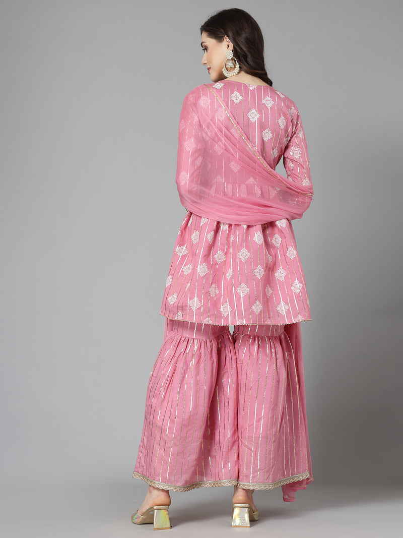 Stylum Women's Printed & Embroidered Chanderi Cotton Kurta Sharara Dupatta Set (KSDKASATAPINK)