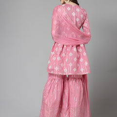 Stylum Women's Printed & Embroidered Chanderi Cotton Kurta Sharara Dupatta Set (KSDKASATAPINK)