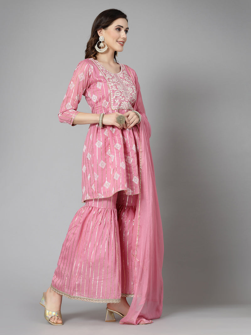 Stylum Women's Printed & Embroidered Chanderi Cotton Kurta Sharara Dupatta Set (KSDKASATAPINK)