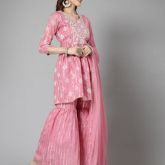 Stylum Women's Printed & Embroidered Chanderi Cotton Kurta Sharara Dupatta Set (KSDKASATAPINK)