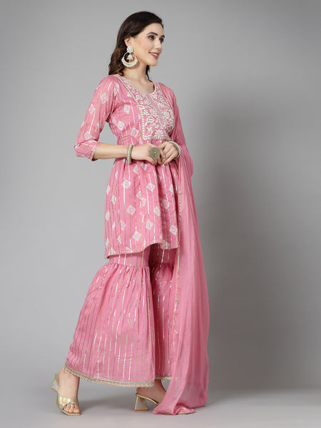 Stylum Women's Printed & Embroidered Chanderi Cotton Kurta Sharara Dupatta Set (KSDKASATAPINK)