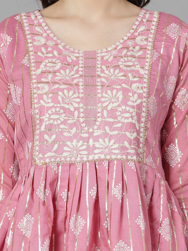 Stylum Women's Printed & Embroidered Chanderi Cotton Kurta Sharara Dupatta Set (KSDKASATAPINK)